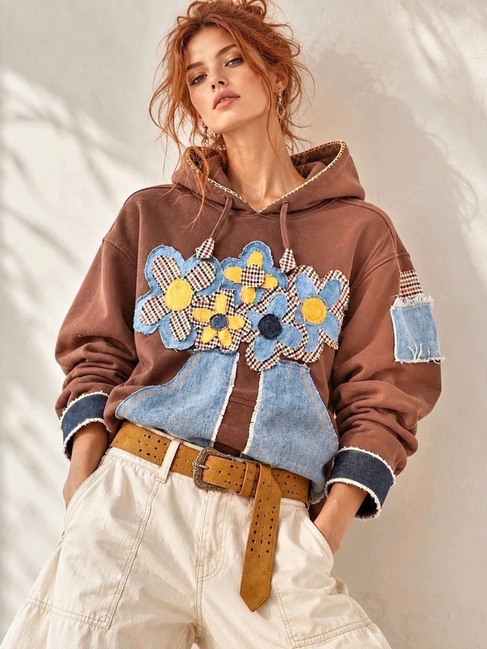 OOAK Reworked Floral Denim Patchwork Hoodie Handmade Boho Streetwear Brown M